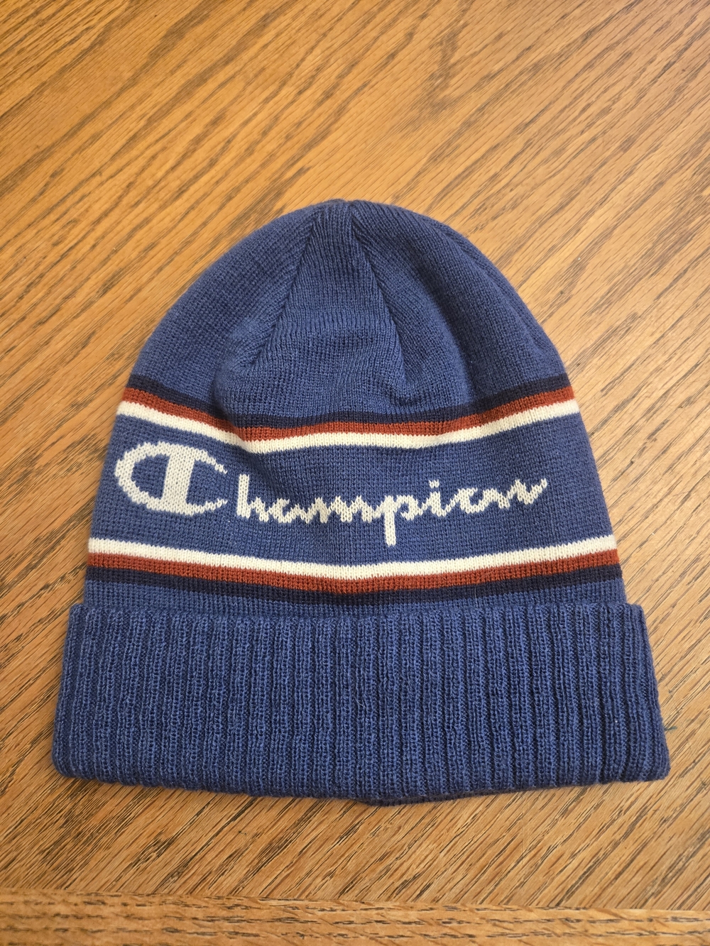 Champion Blue Knit Cuffed Beanie Hat White Script Logo Red Stripe